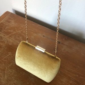 Mustard yellow crushed velvet clutch + gold chain